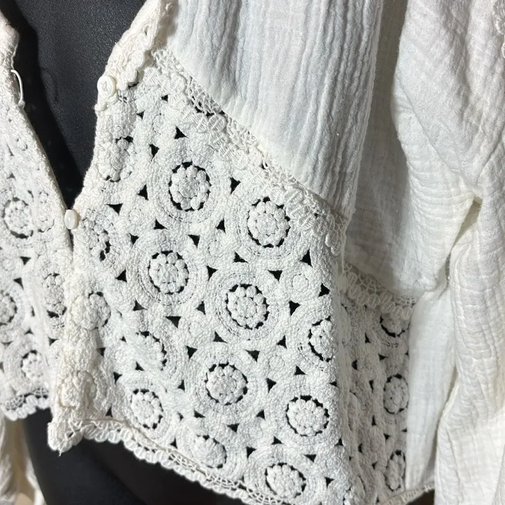 Anthropologie women’s one size bohemian lace long sleeve gauze top NEW white
